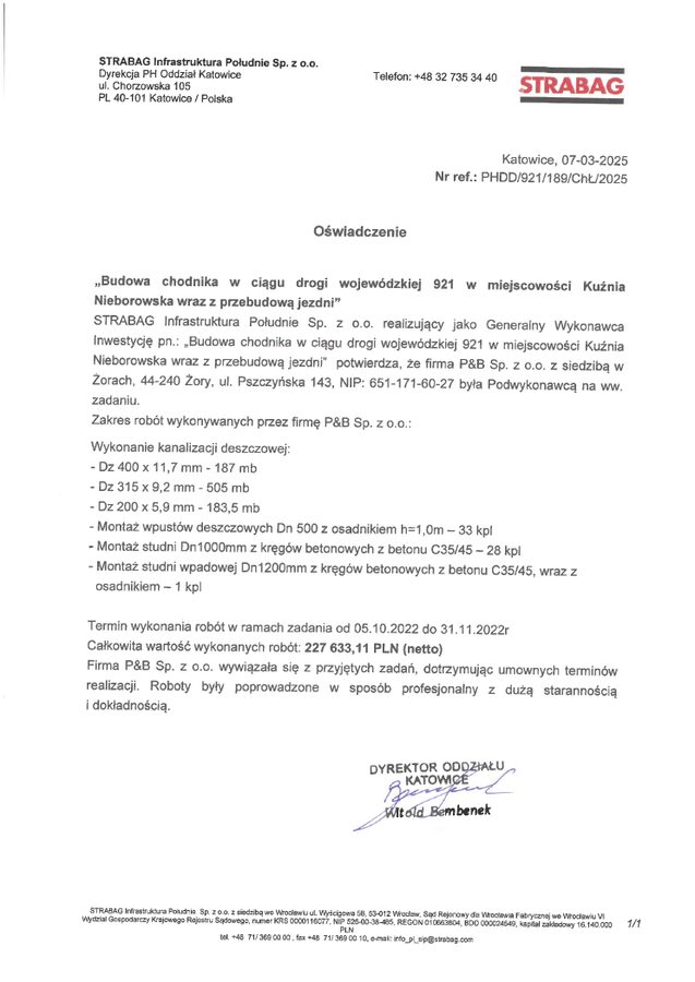 Podgląd referencji STRABAG dotyczącej budowy chodnika w Kuźni Nieborowskiej